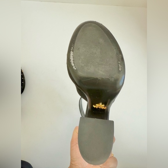 Prada Black Suede Leather Rhinestone embellished ankle strap chunky heel sandals - Picture 9 of 11